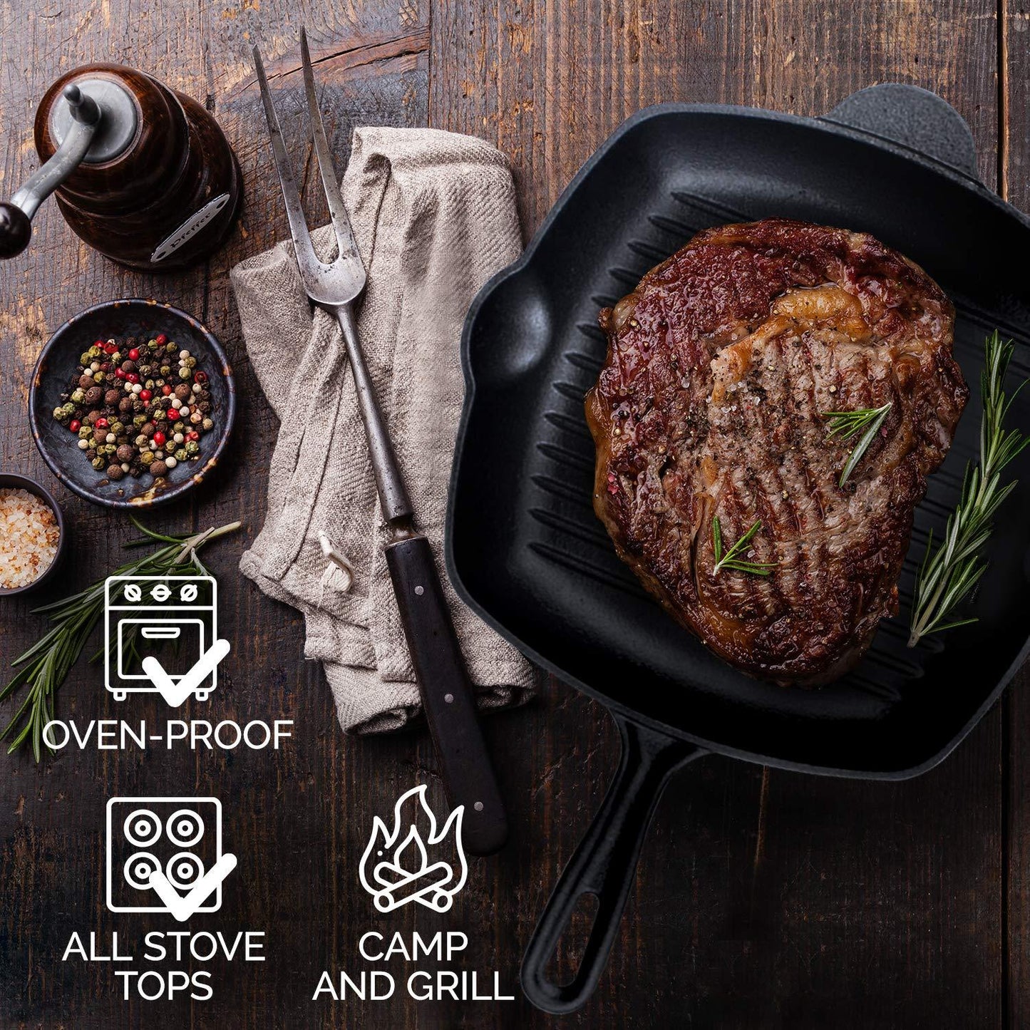 Ribbed Cast Iron Griddle Skillet Frying Pan 30cm (12 Inch). Oven Safe. Perfect for Stove Top, Camping, and Barbecue.