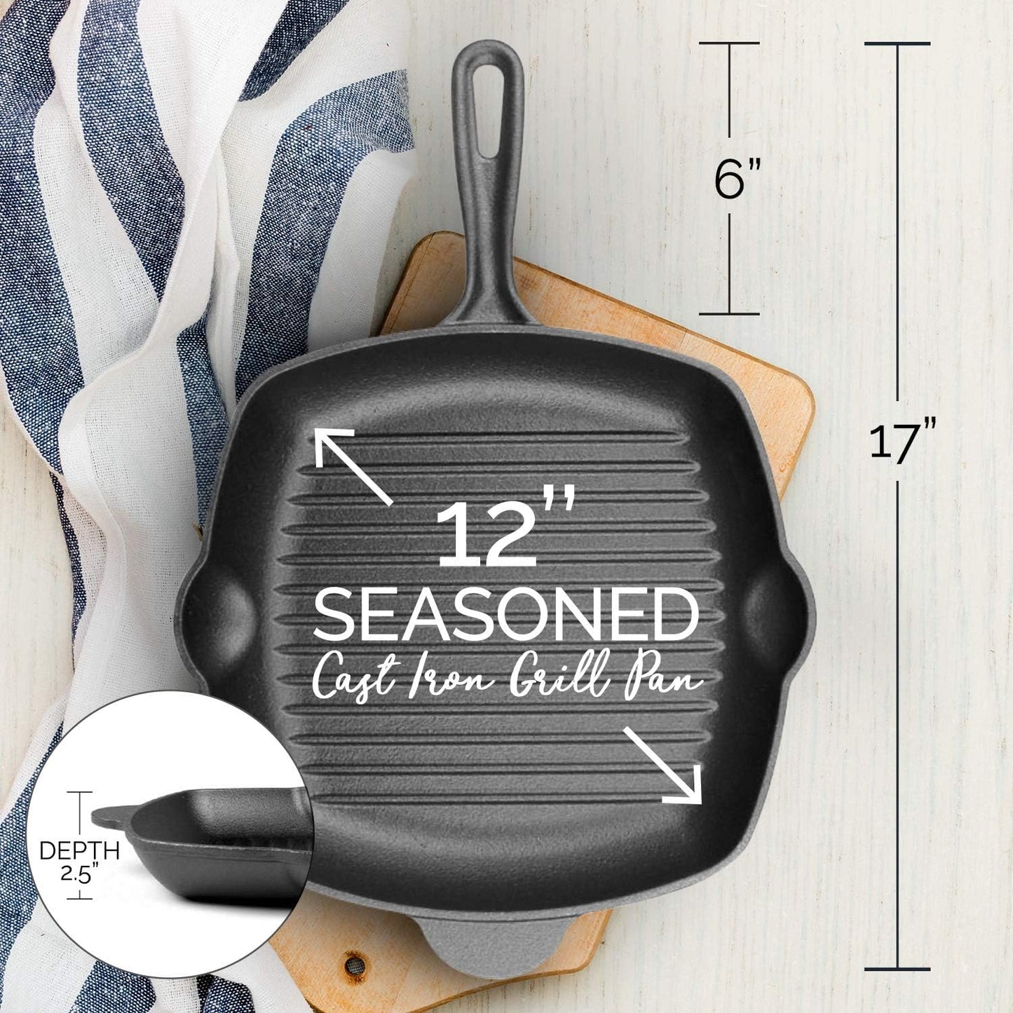 Ribbed Cast Iron Griddle Skillet Frying Pan 30cm (12 Inch). Oven Safe. Perfect for Stove Top, Camping, and Barbecue.