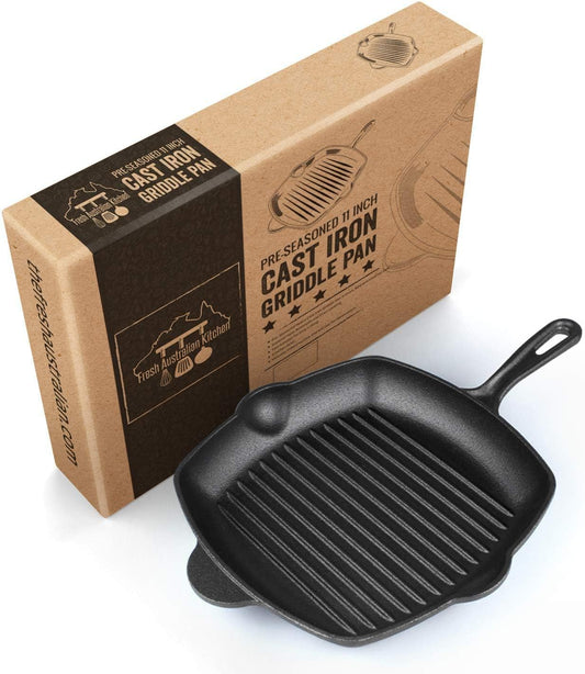 Ribbed Cast Iron Griddle Skillet Frying Pan 30cm (12 Inch). Oven Safe. Perfect for Stove Top, Camping, and Barbecue.