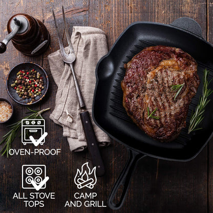 Ribbed Cast Iron Griddle Skillet Frying Pan 30cm (12 Inch). Oven Safe. Perfect for Stove Top, Camping, and Barbecue.